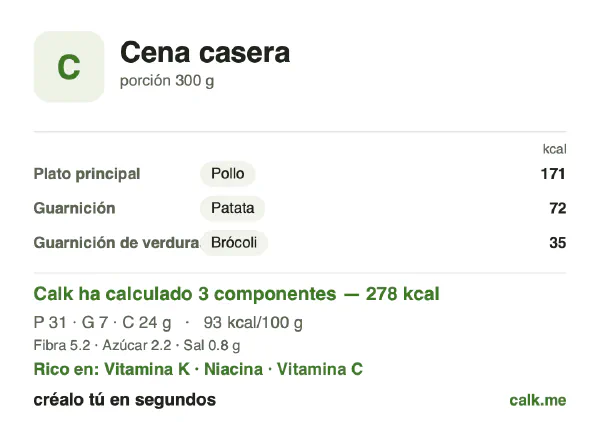 Ficha de Calk, versión menos calórica de Cena casera: 93 kcal por 100 g, proteínas/grasas/hidratos 43/23/34