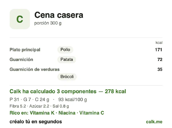 Ficha de Calk, versión menos calórica de Cena casera: 93 kcal por 100 g, proteínas/grasas/hidratos 43/23/34