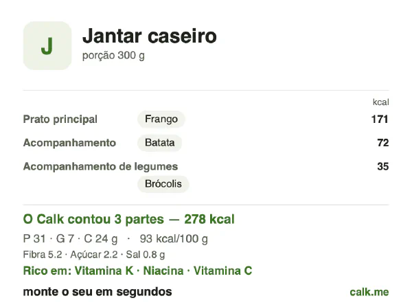 Cartão do Calk para a versão menos calórica de Jantar caseiro: 93 kcal por 100 g, proteína/gordura/carboidratos 43/23/34