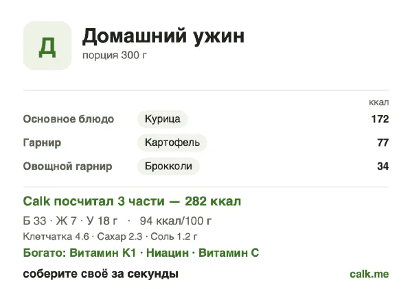 Карточка «Домашний ужин» в Calk — менее калорийный вариант: 94 ккал на 100 г, белки/жиры/углеводы 49/24/27