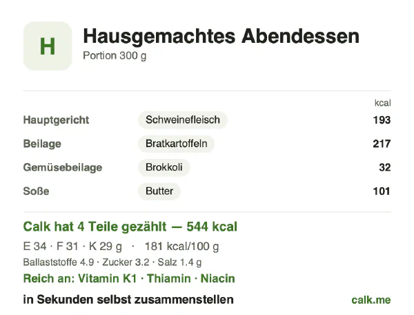 Calk-Karte für die kalorienreichere Variante von Hausgemachtes Abendessen: 181 kcal pro 100 g, Eiweiß/Fett/Kohlenhydrate 26/53/22