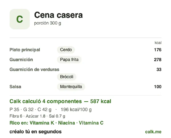 Tarjeta de Calk, versión más calórica de Cena casera: 196 kcal por 100 g, proteínas/grasas/carbohidratos 24/48/28