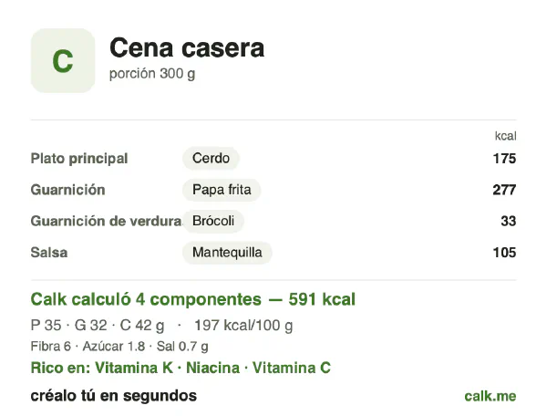 Tarjeta de Calk, versión más calórica de Cena casera: 197 kcal por 100 g, proteínas/grasas/carbohidratos 24/48/28