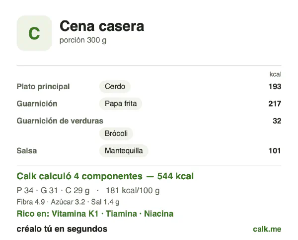 Tarjeta de Calk, versión más calórica de Cena casera: 181 kcal por 100 g, proteínas/grasas/carbohidratos 26/53/22