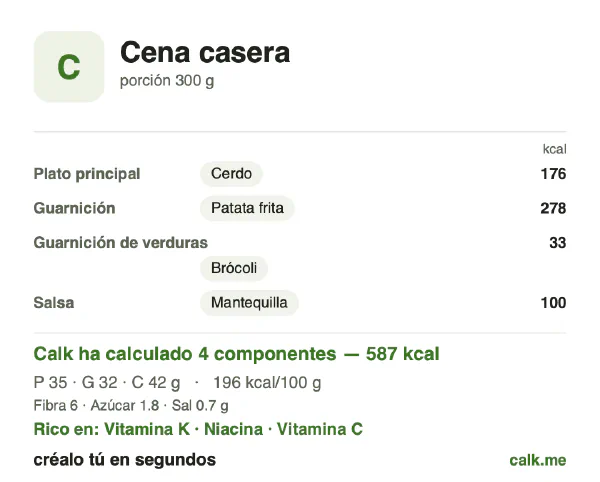 Ficha de Calk, versión más calórica de Cena casera: 196 kcal por 100 g, proteínas/grasas/hidratos 24/48/28