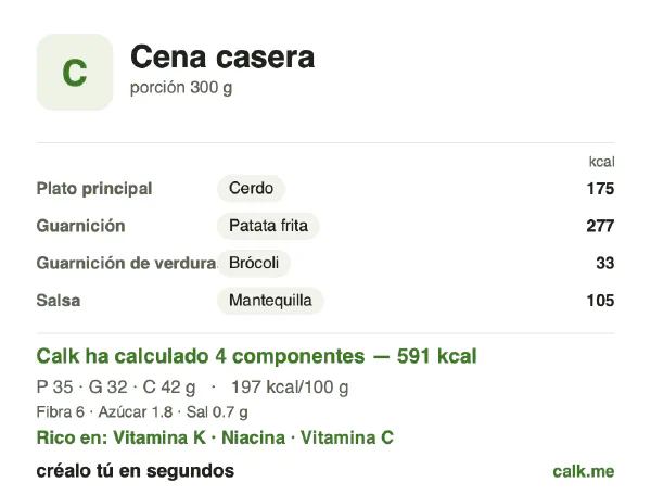 Ficha de Calk, versión más calórica de Cena casera: 197 kcal por 100 g, proteínas/grasas/hidratos 24/48/28