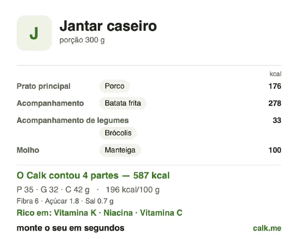 Cartão do Calk para a versão mais calórica de Jantar caseiro: 196 kcal por 100 g, proteína/gordura/carboidratos 24/48/28