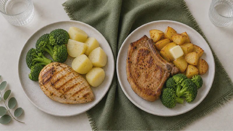 Meat and potatoes dinner: lower- and higher-calorie Calk versions side by side