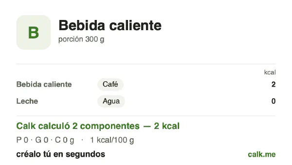 Tarjeta de Calk, versión menos calórica de Bebidas calientes: 1 kcal por 100 g, proteínas/grasas/carbohidratos 48/0/52