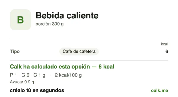 Ficha de Calk, versión menos calórica de Bebidas calientes: 2 kcal por 100 g, proteínas/grasas/hidratos 40/0/60
