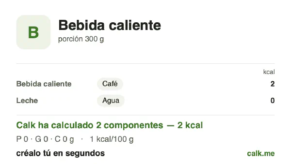 Ficha de Calk, versión menos calórica de Bebidas calientes: 1 kcal por 100 g, proteínas/grasas/hidratos 48/0/52