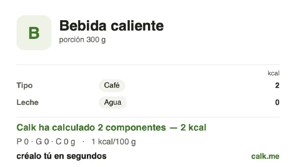 Ficha de Calk, versión menos calórica de Bebidas calientes: 1 kcal por 100 g, proteínas/grasas/hidratos 48/0/52