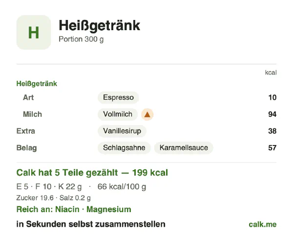 Calk-Karte für die kalorienreichere Variante von Heißgetränk: 66 kcal pro 100 g, Eiweiß/Fett/Kohlenhydrate 11/44/45