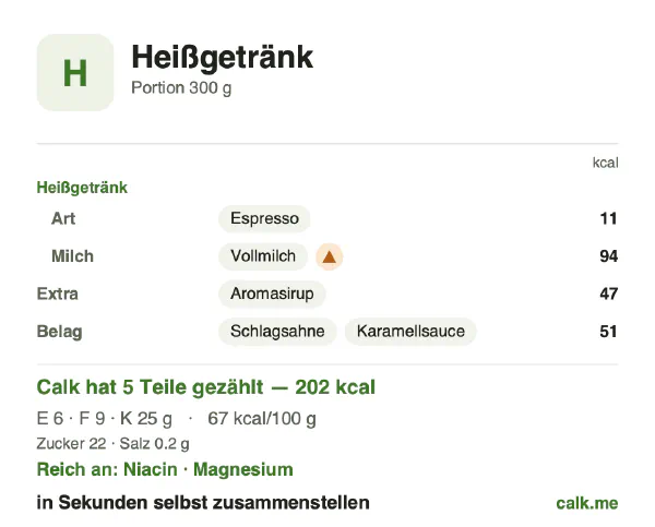 Calk-Karte für die kalorienreichere Variante von Heißgetränk: 67 kcal pro 100 g, Eiweiß/Fett/Kohlenhydrate 11/39/50