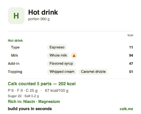 Higher calorie Calk card for Hot drink: 67 kcal per 100 g, protein/fat/carbs 11/39/50