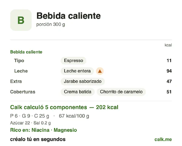 Tarjeta de Calk, versión más calórica de Bebidas calientes: 67 kcal por 100 g, proteínas/grasas/carbohidratos 11/39/50