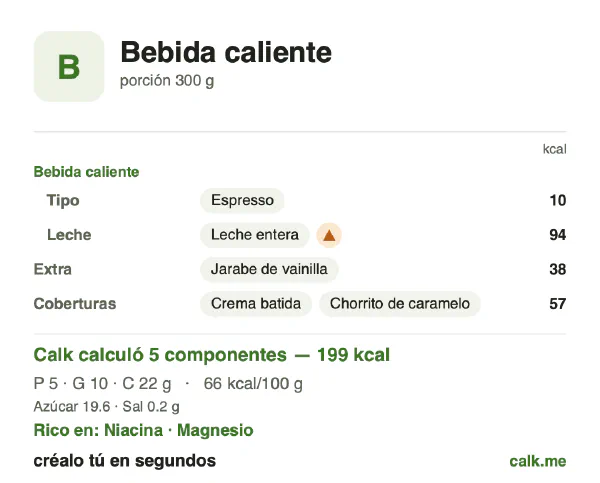 Tarjeta de Calk, versión más calórica de Bebidas calientes: 66 kcal por 100 g, proteínas/grasas/carbohidratos 11/44/45