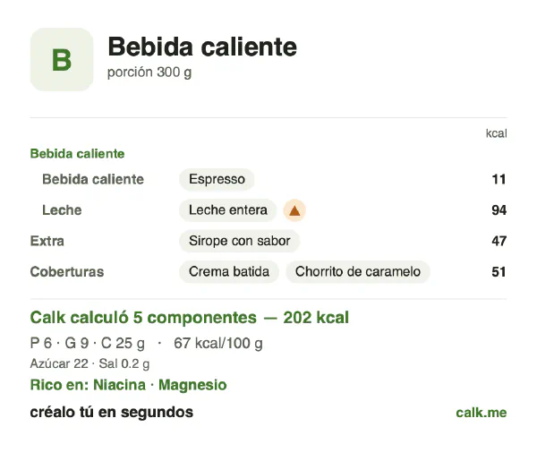 Tarjeta de Calk, versión más calórica de Bebidas calientes: 67 kcal por 100 g, proteínas/grasas/carbohidratos 11/39/50