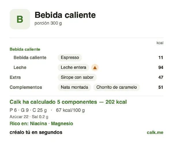 Ficha de Calk, versión más calórica de Bebidas calientes: 67 kcal por 100 g, proteínas/grasas/hidratos 11/39/50