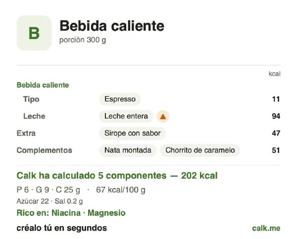 Ficha de Calk, versión más calórica de Bebidas calientes: 67 kcal por 100 g, proteínas/grasas/hidratos 11/39/50