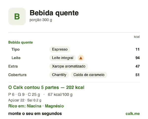 Cartão do Calk para a versão mais calórica de Bebida quente: 67 kcal por 100 g, proteína/gordura/carboidratos 11/39/50