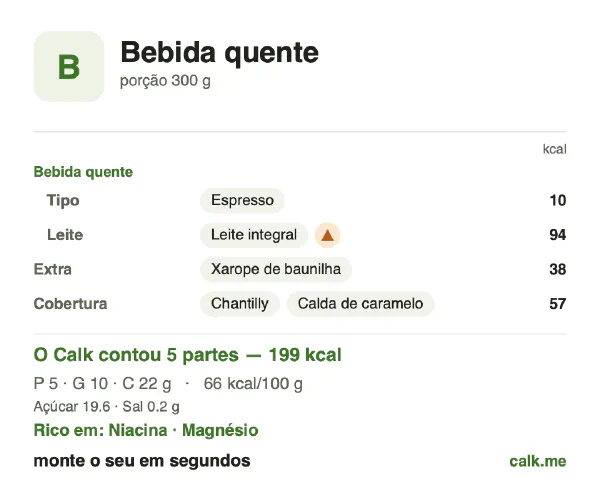 Cartão do Calk para a versão mais calórica de Bebida quente: 66 kcal por 100 g, proteína/gordura/carboidratos 11/44/45