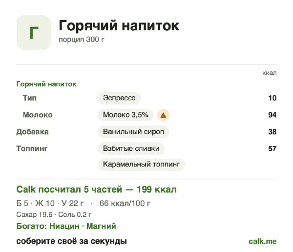 Карточка «Горячие напитки» в Calk — более калорийный вариант: 66 ккал на 100 г, белки/жиры/углеводы 11/44/45