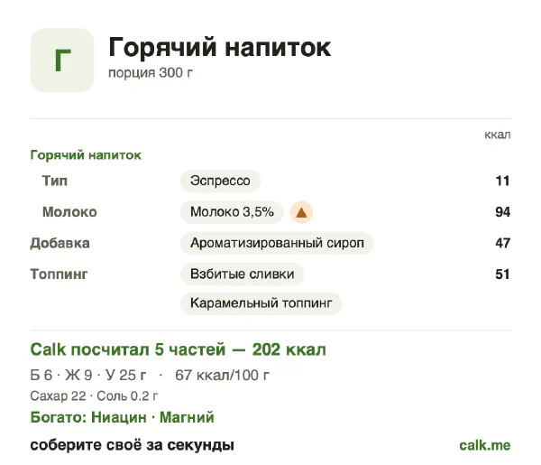 Карточка «Горячие напитки» в Calk — более калорийный вариант: 67 ккал на 100 г, белки/жиры/углеводы 11/39/50