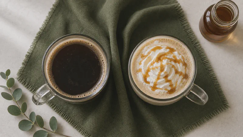 Coffee: lower- and higher-calorie Calk versions side by side