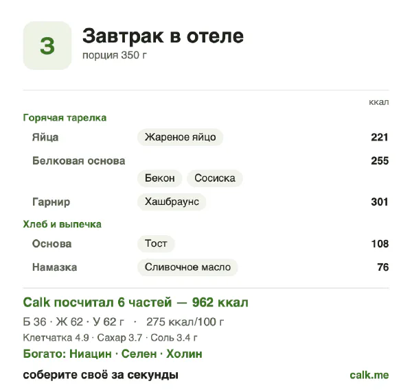 Карточка «Завтрак в отеле» в Calk — более калорийный вариант: 275 ккал на 100 г, белки/жиры/углеводы 15/58/26