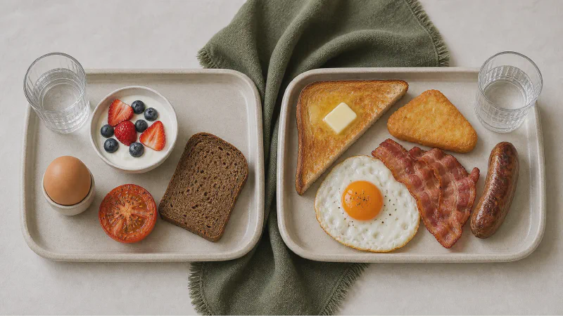 Hotel breakfast plate: lower- and higher-calorie Calk versions side by side