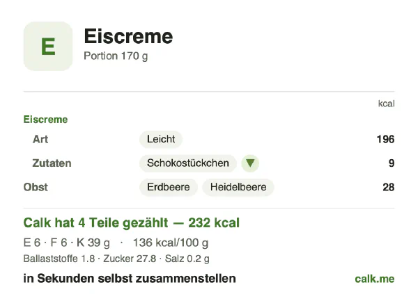 Calk-Karte für die kalorienärmere Variante von Eiscreme: 136 kcal pro 100 g, Eiweiß/Fett/Kohlenhydrate 10/23/67