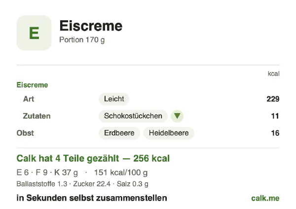 Calk-Karte für die kalorienärmere Variante von Eiscreme: 151 kcal pro 100 g, Eiweiß/Fett/Kohlenhydrate 10/32/59
