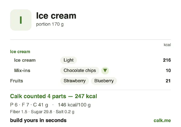 Lower calorie Calk card for Ice cream: 146 kcal per 100 g, protein/fat/carbs 10/24/66