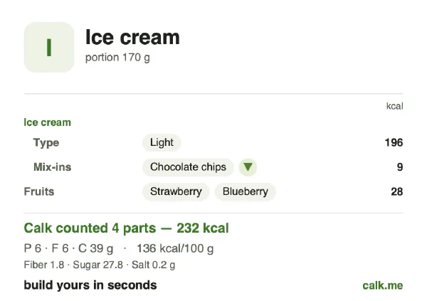 Lower calorie Calk card for Ice cream: 136 kcal per 100 g, protein/fat/carbs 10/23/67