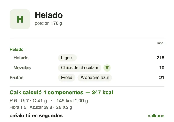 Tarjeta de Calk, versión menos calórica de Helado: 146 kcal por 100 g, proteínas/grasas/carbohidratos 10/24/66