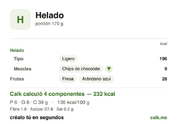Tarjeta de Calk, versión menos calórica de Helado: 136 kcal por 100 g, proteínas/grasas/carbohidratos 10/23/67