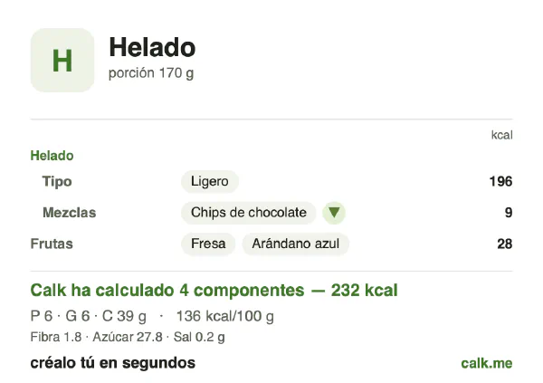 Ficha de Calk, versión menos calórica de Helado: 136 kcal por 100 g, proteínas/grasas/hidratos 10/23/67