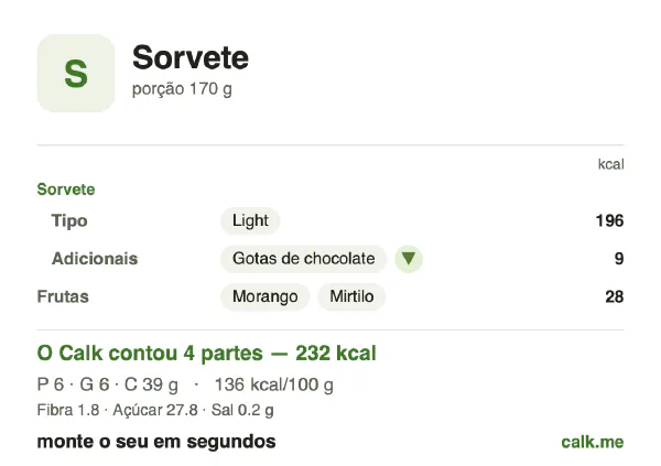 Cartão do Calk para a versão menos calórica de Sorvete: 136 kcal por 100 g, proteína/gordura/carboidratos 10/23/67