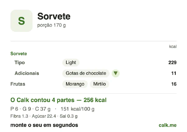 Cartão do Calk para a versão menos calórica de Sorvete: 151 kcal por 100 g, proteína/gordura/carboidratos 10/32/59