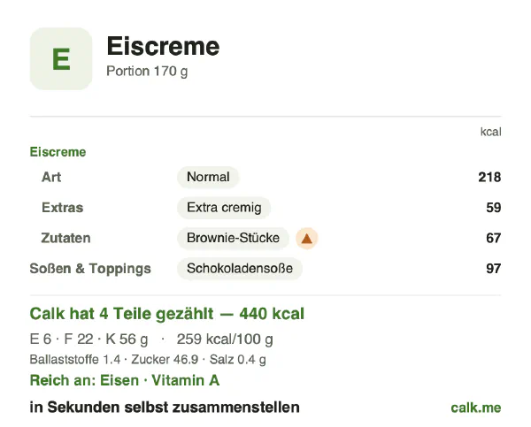 Calk-Karte für die kalorienreichere Variante von Eiscreme: 259 kcal pro 100 g, Eiweiß/Fett/Kohlenhydrate 5/45/50