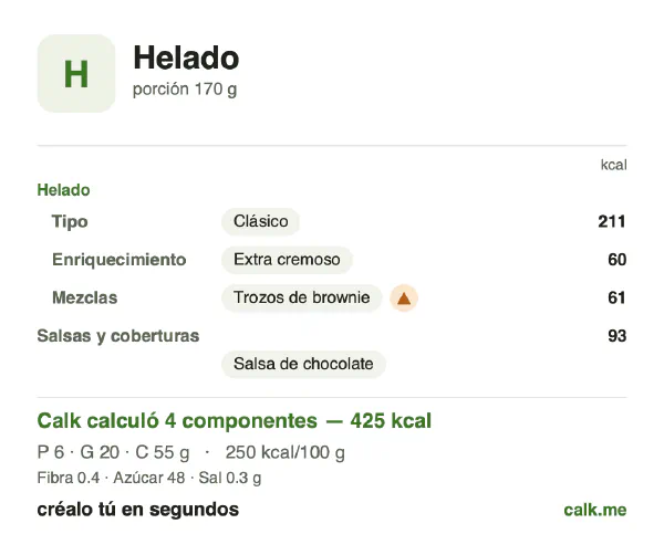 Tarjeta de Calk, versión más calórica de Helado: 250 kcal por 100 g, proteínas/grasas/carbohidratos 6/43/52