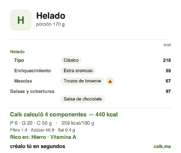 Tarjeta de Calk, versión más calórica de Helado: 259 kcal por 100 g, proteínas/grasas/carbohidratos 5/45/50