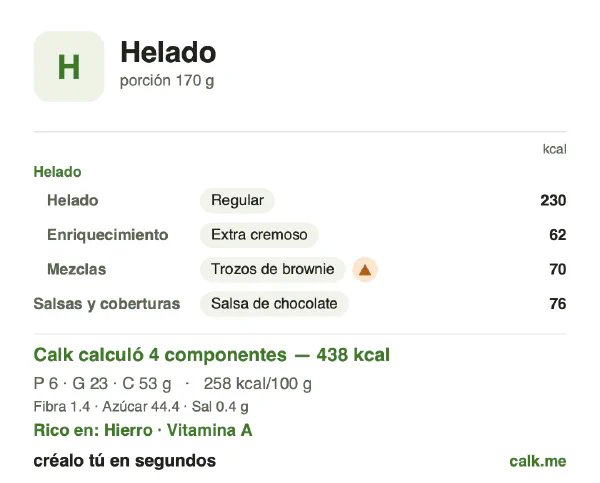 Tarjeta de Calk, versión más calórica de Helado: 258 kcal por 100 g, proteínas/grasas/carbohidratos 5/47/48