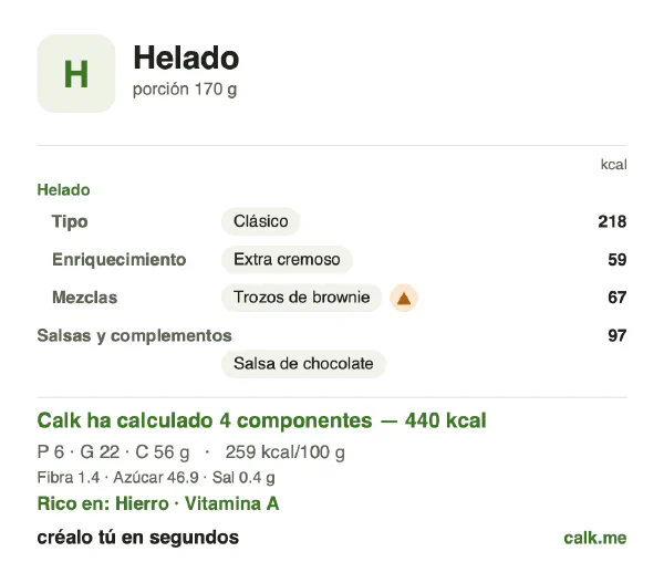 Ficha de Calk, versión más calórica de Helado: 259 kcal por 100 g, proteínas/grasas/hidratos 5/45/50
