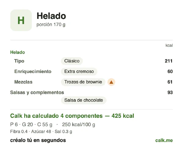 Ficha de Calk, versión más calórica de Helado: 250 kcal por 100 g, proteínas/grasas/hidratos 6/43/52