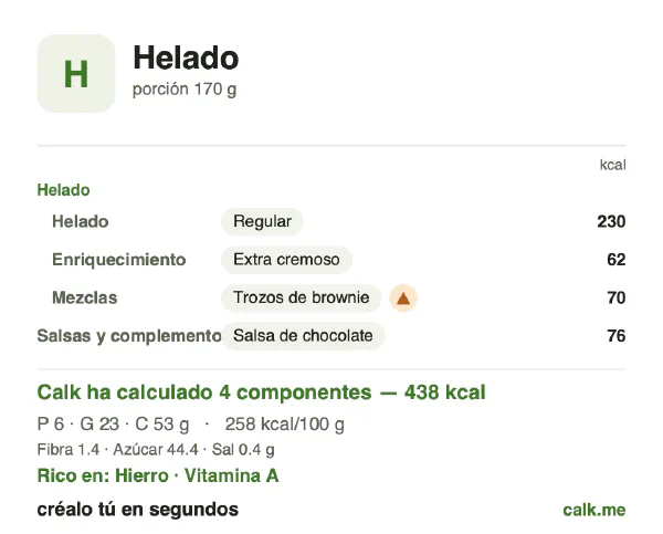 Ficha de Calk, versión más calórica de Helado: 258 kcal por 100 g, proteínas/grasas/hidratos 5/47/48