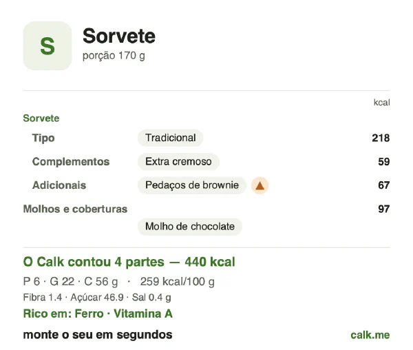 Cartão do Calk para a versão mais calórica de Sorvete: 259 kcal por 100 g, proteína/gordura/carboidratos 5/45/50