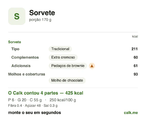 Cartão do Calk para a versão mais calórica de Sorvete: 250 kcal por 100 g, proteína/gordura/carboidratos 6/43/52