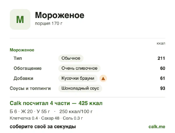 Карточка «Мороженое» в Calk — более калорийный вариант: 250 ккал на 100 г, белки/жиры/углеводы 6/43/52